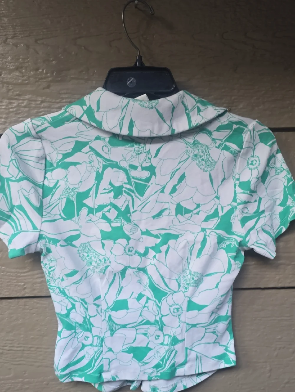 Anthropologie Maeve Green White Ruched Crop Button-down Collar Top Medium - Picture 5 of 5